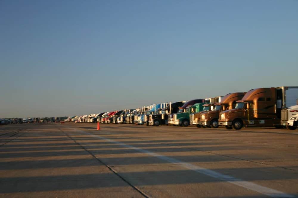 Relief trucks lined up at a hurricane relief site