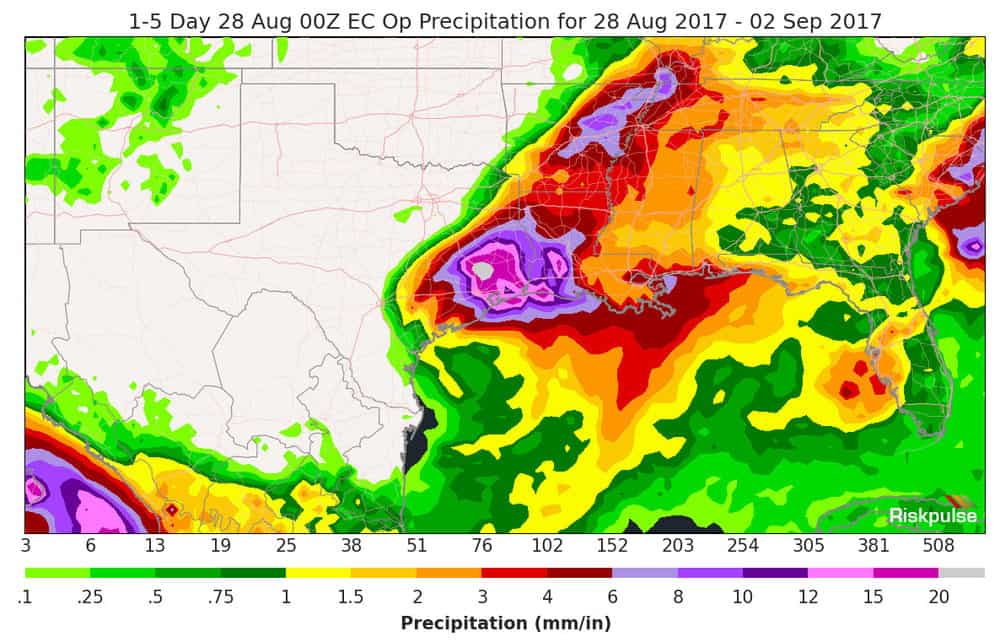 Estimates for rainfall totals for Texas and Louisiana through Sept. 2. ( Photo: Riskpulse )