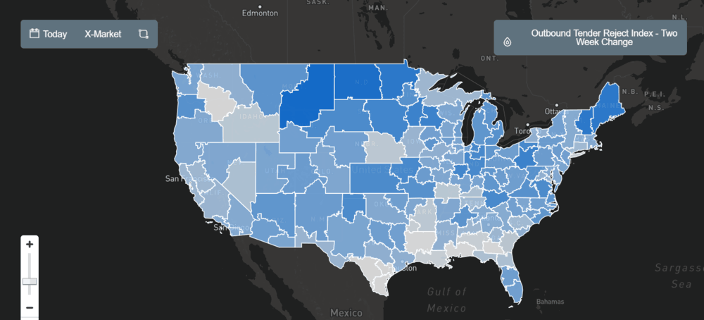 SONAR MAP Outbound Tender Rejection Index: Two week change (SONAR: OTRIF.USA). Darker blues indicate higher rejections than two weeks before.