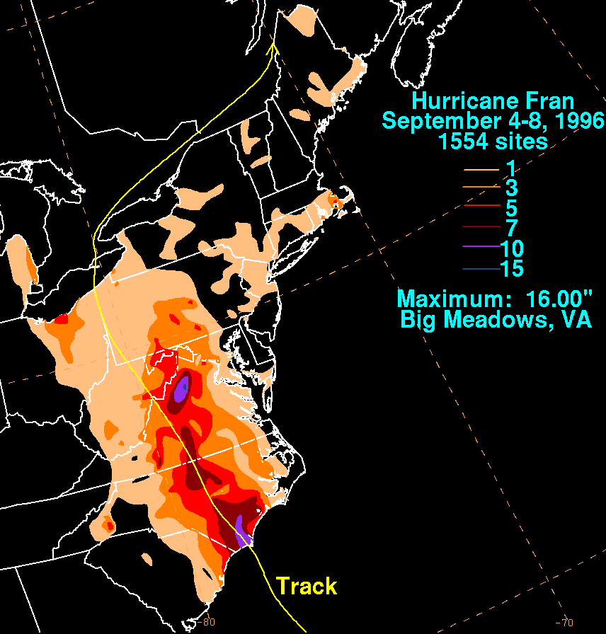 Source: Wikipedia. Map showing the flooding caused by Hurricane Fran