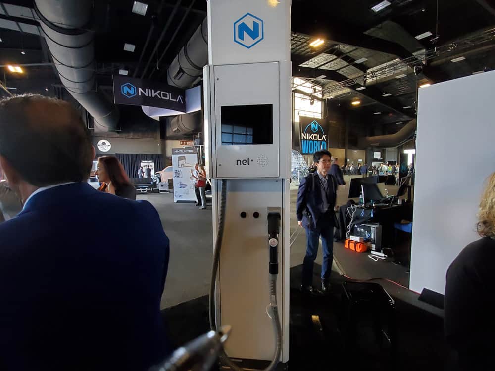 A Nel Hydrogen fueling pump is displayed during Nikola World 2019 in Scottsdale, Arizona, on April 17, 2019. Nel will build the hydrogen fueling stations for Nikola Motor as it deploys hydrogen-electric powered trucks. ( Photo: Brian Straight/FreightWaves )