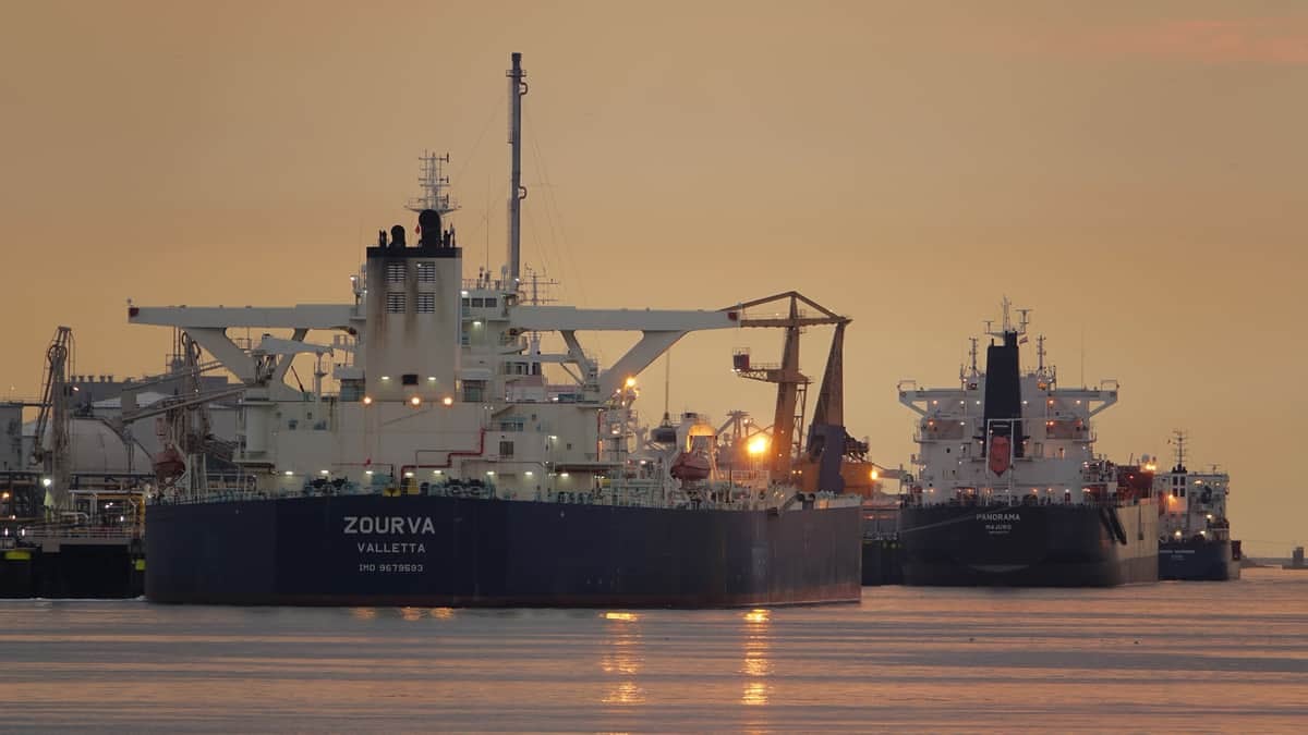 Several oil tankers at anchor.