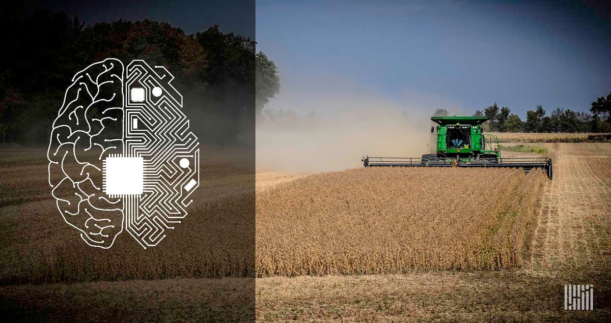 Will AI be used by individual farmers in the near future? A Photo of a combine in a field.