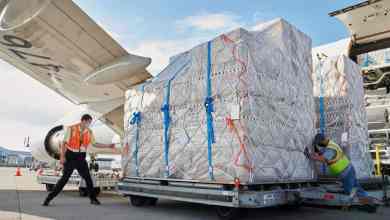 Big pallet of shrink-wrapped cargo being rolled under the wing of a cargo plane on a sunny day.