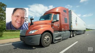Photo of trucker Nick Still inset with photo of a Hirschbach Motor Lines truck.
