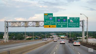 Cars and trucks on Interstate 10 in Baton Rouge, Louisiana.