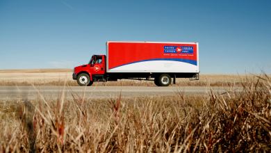 A Canada Post truck viewed from the size.