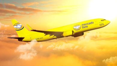 Computer-generated image of a bright yellow cargo jet with Mercado Libre branding against a blazing sun backdrop.