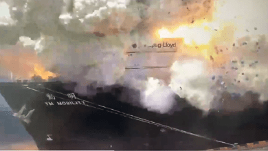 Screengrab from video showing explosion aboard container ship.