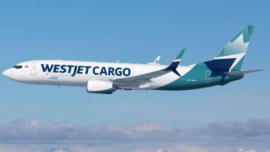 White WestJet Cargo plane with teal tail flies through the sky.