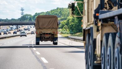 National guard trucks on the road