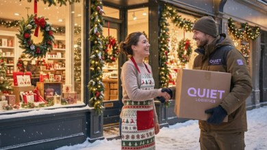 A delivery man picks up a package from a retail store brightly lit for Christmas.