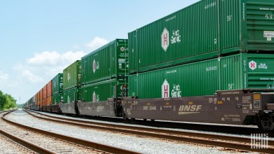 green Hub Group intermodal containers on a BNSF wellcar