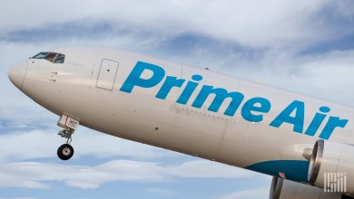 Close up of an Amazon Prime Air cargo jet taking off.