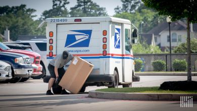 A mail carrier lifts a large package after unloading it from a delivery van.