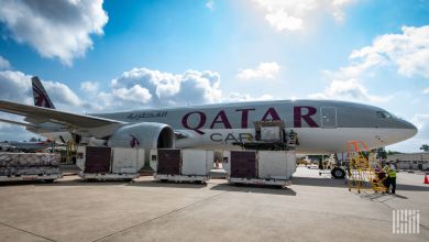 Side view of a Qatar Airways Cargo jet with containers lined up on the tarmac on a sunny day.