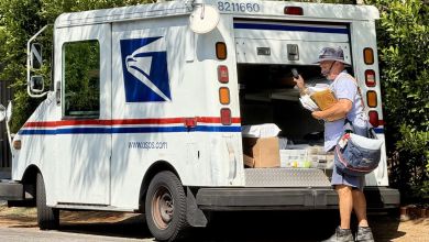 A letter carrier loads up travel bag from back of a van parked on a neighborhood street.