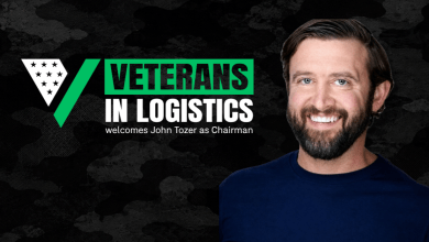 Veterans in Logistics welcomes John Tozer as Chairman - promotional graphic featuring the initiative logo and a professional headshot of John Tozer smiling against a dark camouflage background