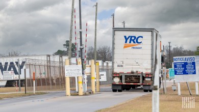 a rearview of a YRC Freight trailer at a terminal gate