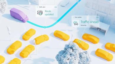 Delivery driver checking a handheld device showing an AI route optimization map
