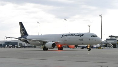 A blue-tailed Lufthansa Cargo jet moves on an airport taxiway.
